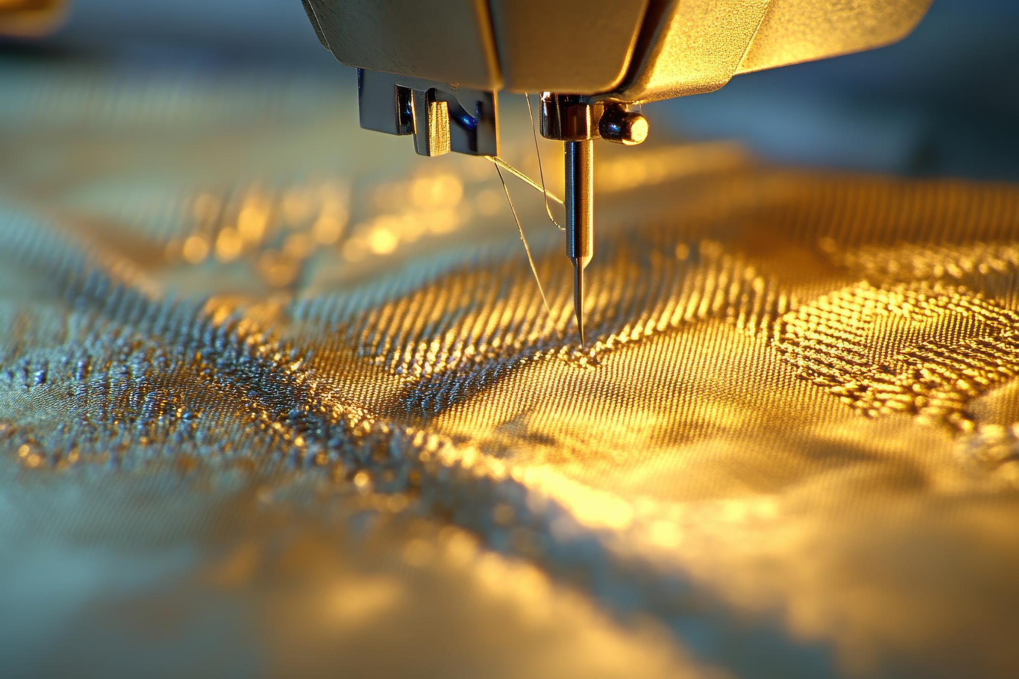 close-up of hand-guided machine embroidery on linen with gold thread